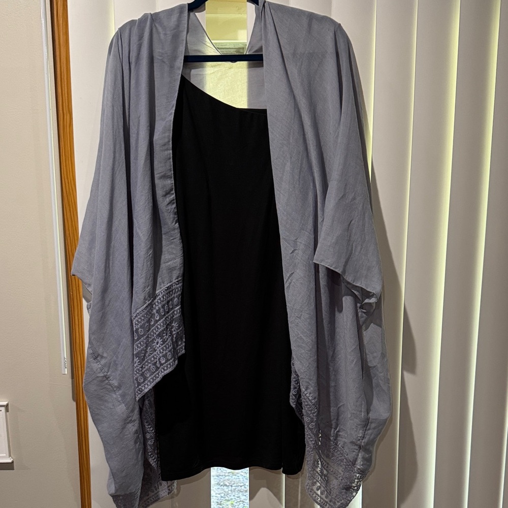 Women's asymmetrical   black cotton dress and gray/blue lace detail cover